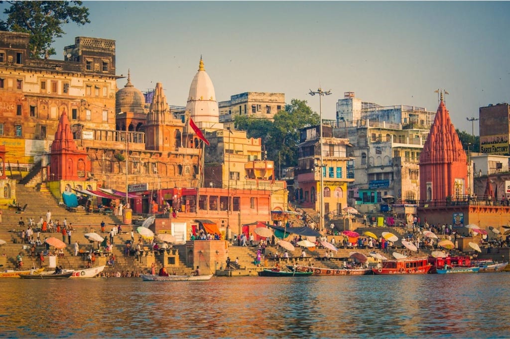 Ancient Varanasi riverside temples and stone ghat steps