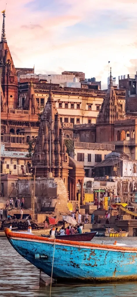 Ancient Temple Spires and Holy Boats in Banaras